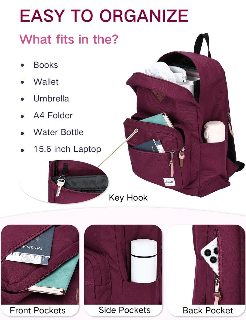 RAVUO Casual Backpack for Women, Water Resistant Classic Basic 15.6 inch Laptop Backpack Rucksack Travel Daypack Bookbag Burgundy - Image 4